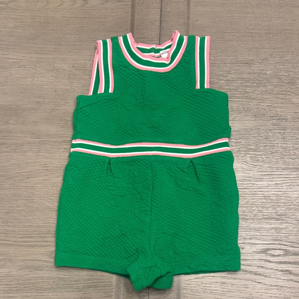 Green Sleeveless Romper with Pink and White Stripes and floral fabric